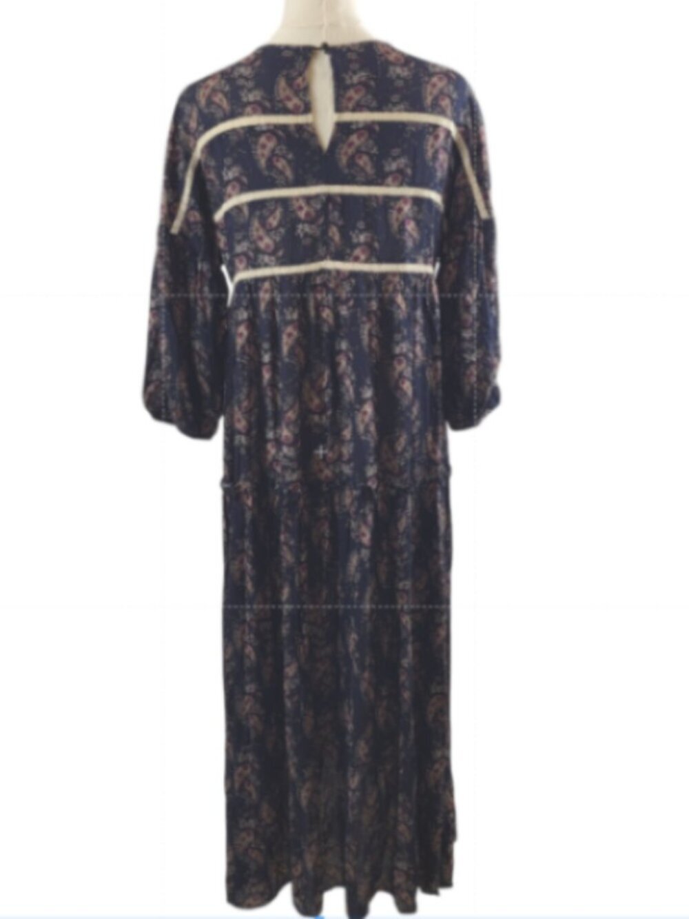 POL NEW Small Maxi Dress Cotton Blue Red Paisley Crochet Trim Vintage BOHO Style - Picture 5 of 16